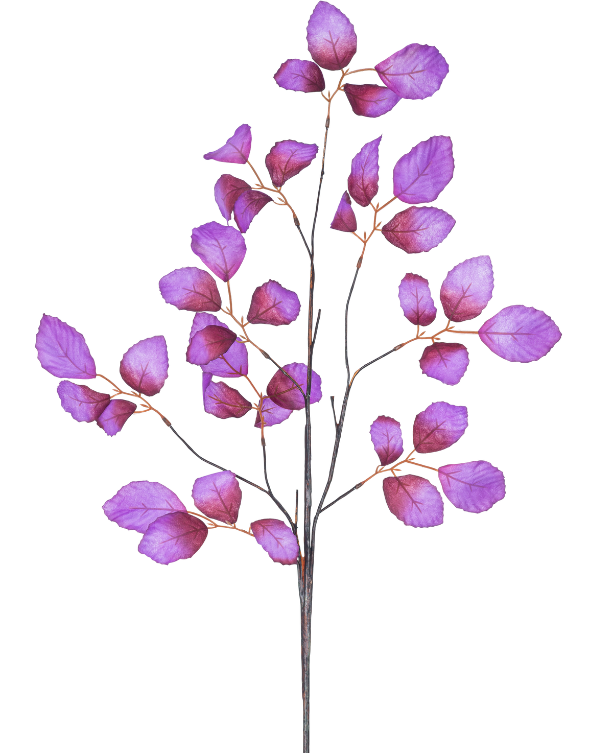 La Branche Artificielle Feuille de Pommier 90 cm violette possède une tige élancée et ramifiée avec de multiples brindilles ornées de feuilles violettes éclatantes, présentées sur un fond blanc.