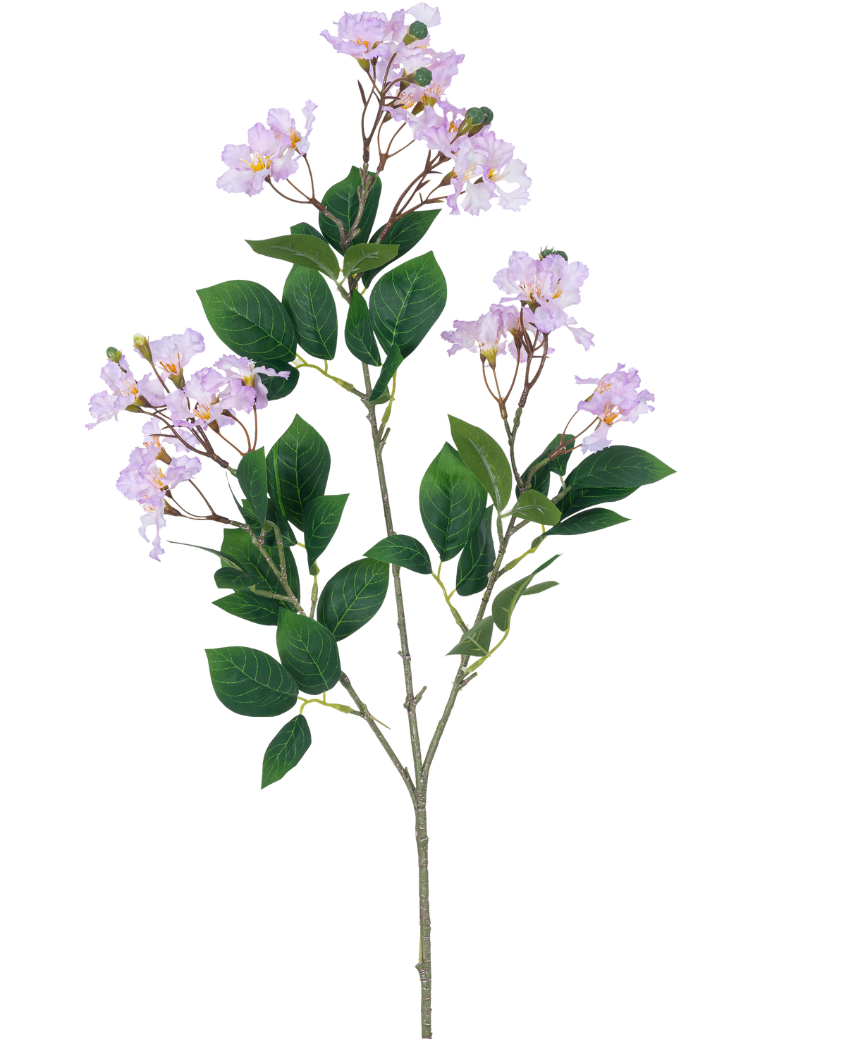 Une seule fleur artificielle Lagerstroemia de 92 cm violette avec des bouquets de fleurs violet clair et plusieurs feuilles vertes, sur un fond blanc uni.