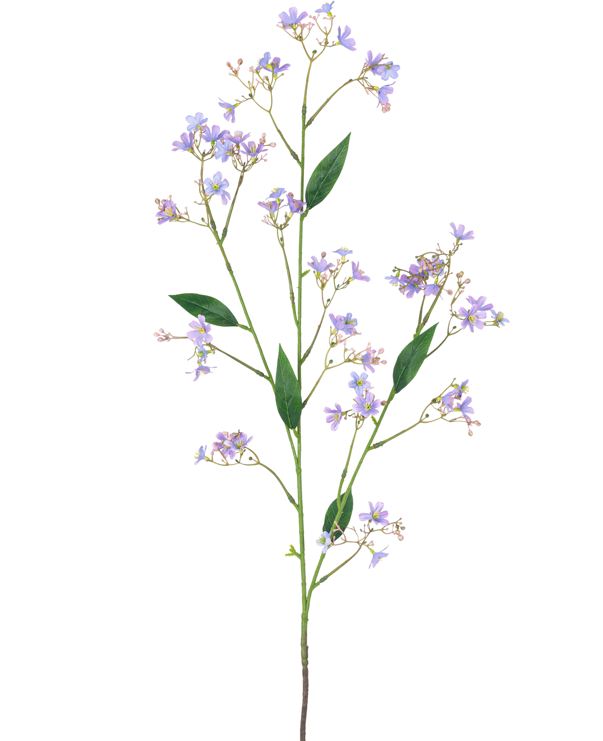 La Branche Artificielle Daphné Spray 108 cm violet possède une longue tige verte avec de multiples branches, chacune décorée de petites fleurs violettes et de feuilles vertes, sur un fond uni blanc.