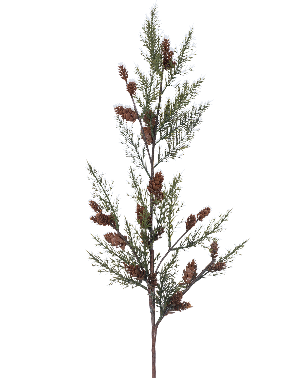 La Branche Artificielle Aiguille de Pin 85 cm verte présente une branche avec de fines feuilles vertes en forme d'aiguilles et des grappes de petites pommes de pin brunes, isolées sur un fond blanc.