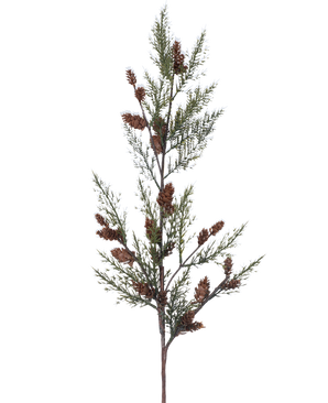 La Branche Artificielle Aiguille de Pin 85 cm verte présente une branche avec de fines feuilles vertes en forme d'aiguilles et des grappes de petites pommes de pin brunes, isolées sur un fond blanc.