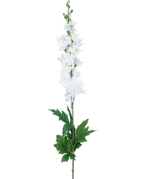 Un Delphinium artificiel Real Touch Blanc de 90 cm avec une longue tige avec des fleurs de pied d'alouette blanches et des feuilles vertes, isolées sur un fond blanc uni.