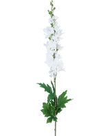 Un Delphinium artificiel Real Touch Blanc de 90 cm avec une longue tige avec des fleurs de pied d'alouette blanches et des feuilles vertes, isolées sur un fond blanc uni.