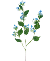 La fleur artificielle Hortensia sauvage 93 cm bleu a une seule tige artificielle avec de multiples branches, des feuilles vertes et des bouquets de petites fleurs délicates bleu clair.