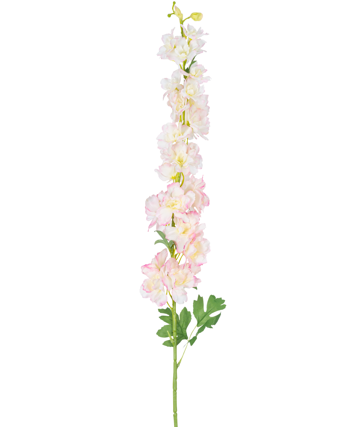La Fleur Artificielle Delphinium 105 cm rose est une seule tige artificielle haute avec des fleurs de pied d'alouette rose clair et blanches avec des feuilles vertes, isolées sur un fond blanc.