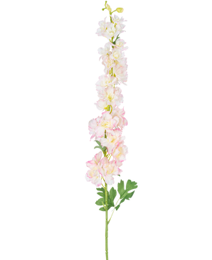 La Fleur Artificielle Delphinium 105 cm rose est une seule tige artificielle haute avec des fleurs de pied d'alouette rose clair et blanches avec des feuilles vertes, isolées sur un fond blanc.