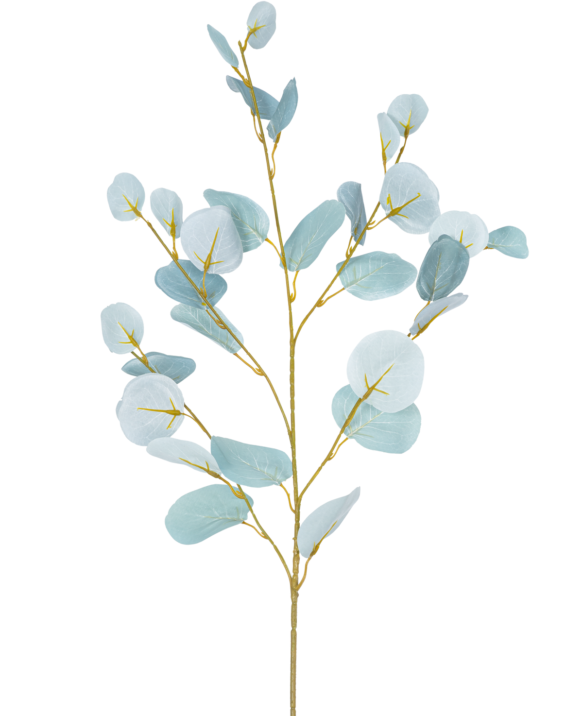 La Branche Artificielle d'Eucalyptus 84 cm est une tige artificielle unique à branches multiples, avec des feuilles rondes bleu-vert clair sur un fond uni blanc.