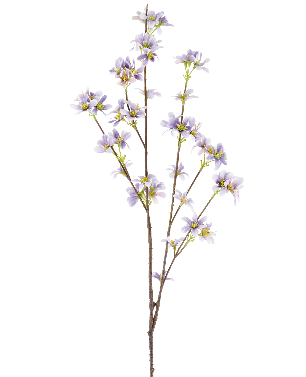 Une « Branche de fleurs artificielles de 112 cm violette » avec une branche fleurie avec de délicates fleurs violettes lavande et des centres jaunes sur de fines tiges brunes, représentées sur un fond blanc.