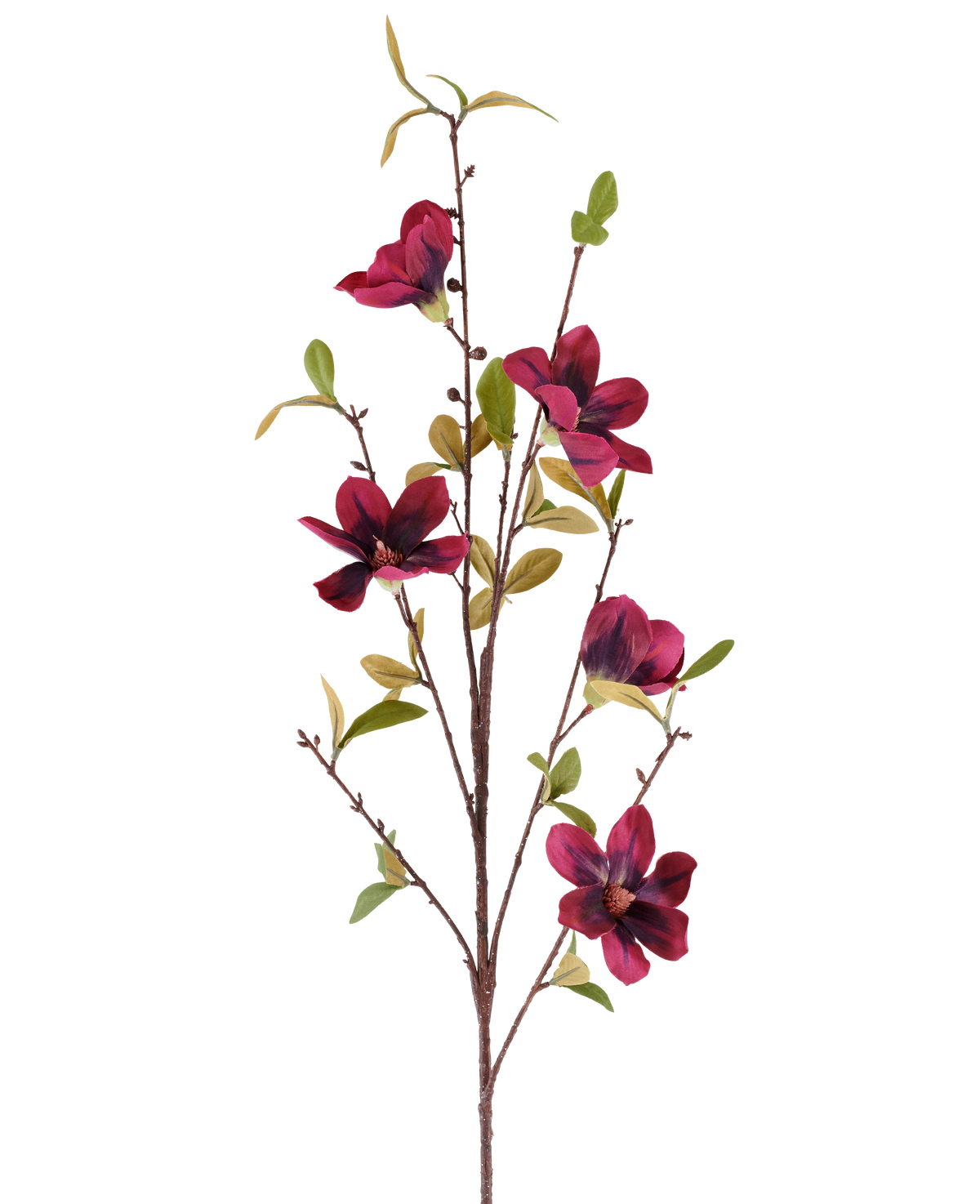 Une seule fleur artificielle Magnolia 94 cm, branche artificielle rouge bordeaux avec cinq fleurs rouge foncé et feuilles vertes, présentée sur un fond blanc uni.