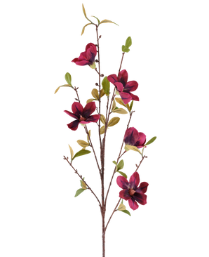 Une seule fleur artificielle Magnolia 94 cm, branche artificielle rouge bordeaux avec cinq fleurs rouge foncé et feuilles vertes, présentée sur un fond blanc uni.