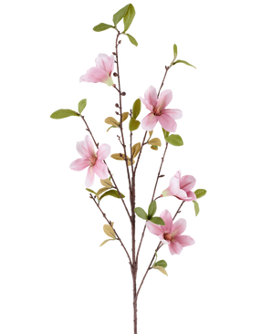 Une fine branche de Magnolia en Fleur Artificielle de 94 cm de vieux rose, avec plusieurs fleurs de magnolia roses et des feuilles vertes sur un fond blanc.