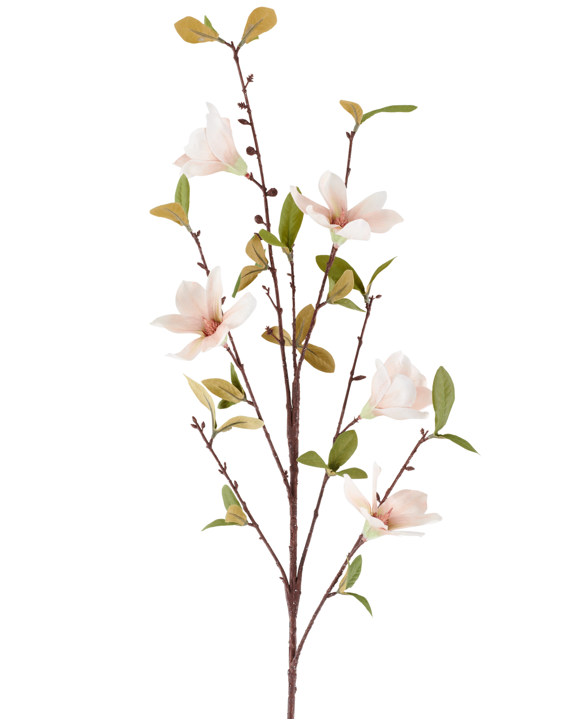 Une fleur artificielle Magnolia de 94 cm, de couleur crème/marron, avec plusieurs fleurs rose clair et feuilles vertes sur de fines tiges brunes, représentées sur un fond blanc uni.