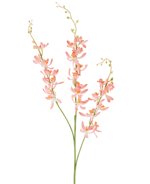 Trois longues tiges vertes de la Fleur Artificielle Cymbidium 95 cm pêche, avec des bouquets de délicates fleurs d'orchidées couleur pêche et de petits bourgeons jaunes, sur un fond blanc uni.