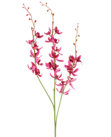 Trois tiges de fleur artificielle Cymbidium de 95 cm en rouge bordeaux, avec des fleurs vibrantes et de petits boutons, présentées sur un fond blanc.