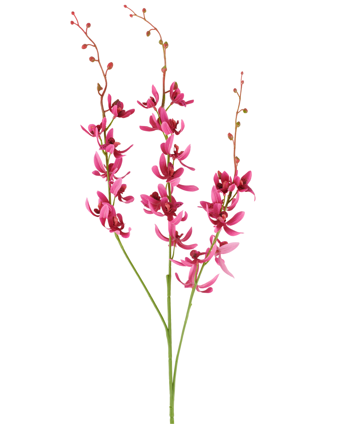 Trois tiges de fleur artificielle Cymbidium de 95 cm en rouge bordeaux, avec des fleurs vibrantes et de petits boutons, présentées sur un fond blanc.