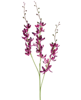 Trois longues tiges de fleur artificielle de Cymbidium de 95 cm de couleur violet vif, avec de petits bourgeons verts, sur un fond blanc uni.
