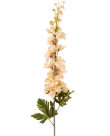 Une seule tige de fleur de Delphinium artificielle de 79 cm crème/marron, avec plusieurs fleurs de couleur crème et brunes et des feuilles vertes, représentées sur un fond blanc.