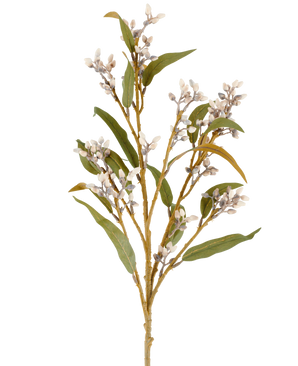 Une seule tige d'eucalyptus artificielle de 78 cm de couleur crème/marron, avec plusieurs branches de feuilles vertes et des grappes de petites fleurs rondes, représentée sur un fond blanc uni.