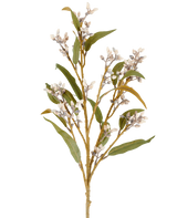 Une seule tige d'eucalyptus artificielle de 78 cm de couleur crème/marron, avec plusieurs branches de feuilles vertes et des grappes de petites fleurs rondes, représentée sur un fond blanc uni.