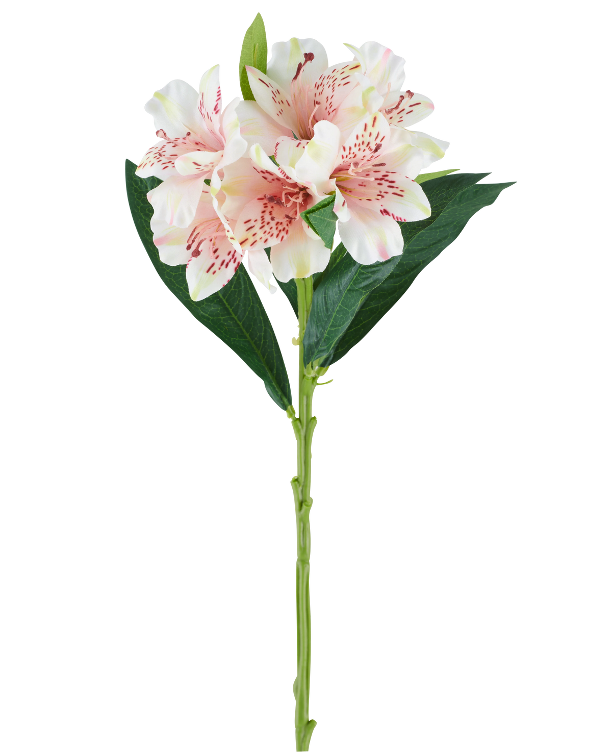 Une seule tige de fleur artificielle d'Alstroemeria de 74 cm rose clair avec des feuilles vertes et trois fleurs rose clair avec des taches rose foncé, sur fond blanc.