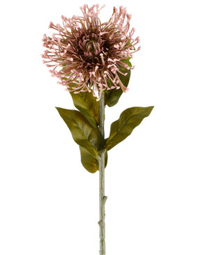 La Fleur Artificielle Protea 65 cm mauve est une fleur artificielle unique en forme de protéa, avec une grappe ronde de pétales mauves et pointus, des feuilles vertes et une longue tige, représentée sur un fond blanc uni.