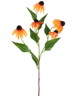 Une seule fleur artificielle d'échinacée de 75 cm, orange, avec cinq échinacées orange vif, chacune avec un centre brun foncé et entourées de feuilles vertes, sur un fond blanc uni.