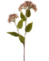 Une seule tige de fleur artificielle Sedum 67 cm mauve présente deux bouquets de petites fleurs mauve clair et de nombreuses feuilles vertes sur fond blanc.