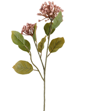 Fleur artificielle Hortensia de 55 cm mauve, avec des grappes de petits bourgeons mauves et des feuilles vertes sur de longues et fines tiges brun-vert, représentées sur fond blanc.