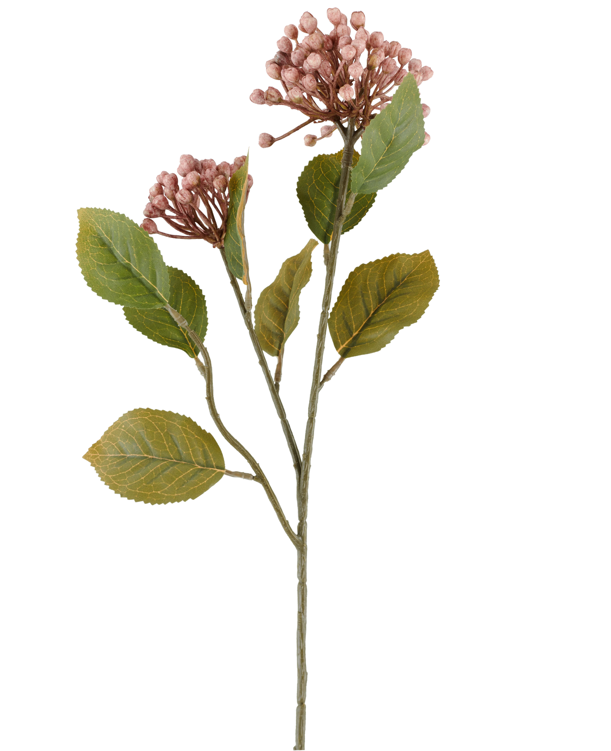 Fleur artificielle Hortensia de 55 cm mauve, avec des grappes de petits bourgeons mauves et des feuilles vertes sur de longues et fines tiges brun-vert, représentées sur fond blanc.