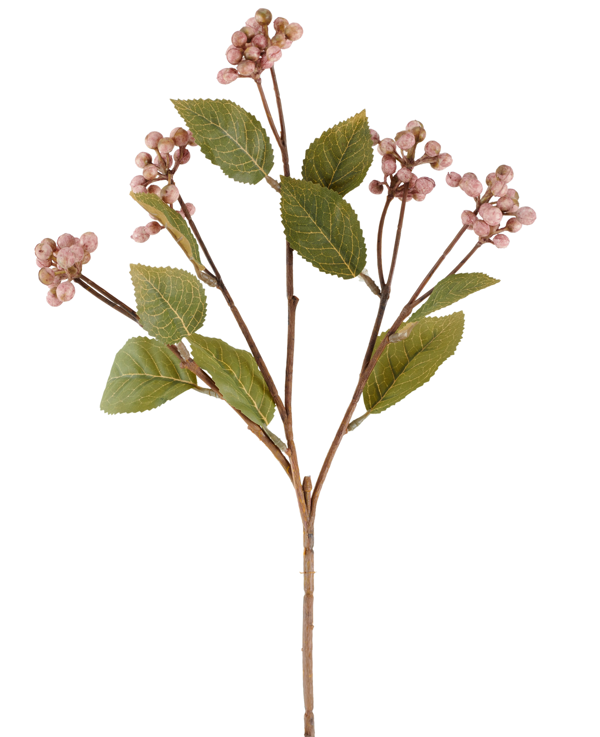 Une seule tige de baie sauvage de fleur artificielle mauve, de 53 cm de haut, avec de multiples branches portant des grappes de petites baies rondes mauves et plusieurs feuilles vertes ovales sur fond blanc.