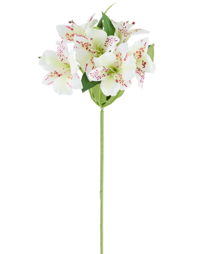 Fleur artificielle Alstroemeria 47 cm de couleur crème avec des pétales de couleur crème et de subtiles taches rouges, complétées par des feuilles vertes sur une seule tige verte, représentée sur un fond blanc.