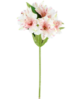 Une fleur artificielle d'Alstroemeria de 47 cm de couleur rose/crème, avec des lys artificiels rose clair et blancs avec des feuilles et une tige vertes, représentés sur un fond blanc.