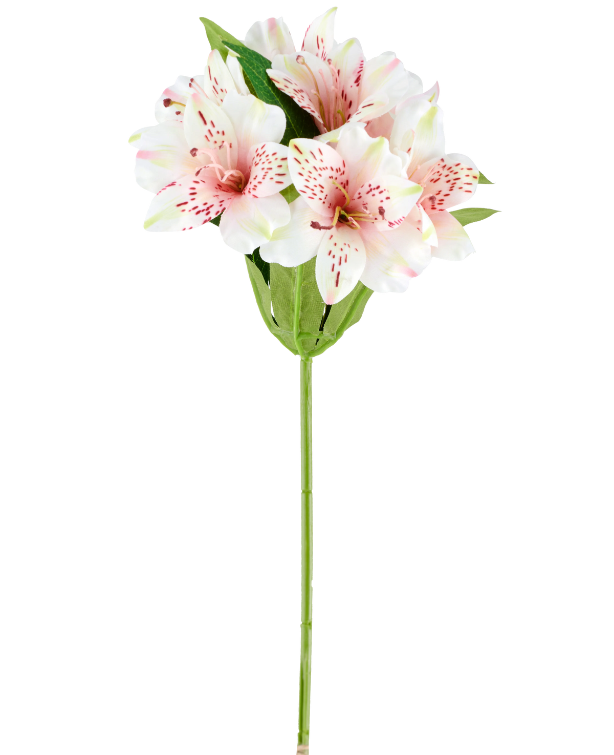 Une fleur artificielle d'Alstroemeria de 47 cm de couleur rose/crème, avec des lys artificiels rose clair et blancs avec des feuilles et une tige vertes, représentés sur un fond blanc.