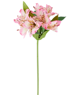 Une seule fleur artificielle d'Alstroemeria de 47 cm, rose/crème, avec diverses fleurs de couleur rose et crème et des feuilles vertes, présentée sur un fond blanc.