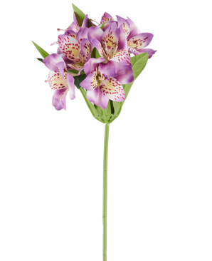 Une seule fleur artificielle d'Alstroemeria de 47 cm, de couleur lilas, avec plusieurs fleurs violettes avec des taches roses, des feuilles vertes et une tige verte, photographiée sur fond blanc.