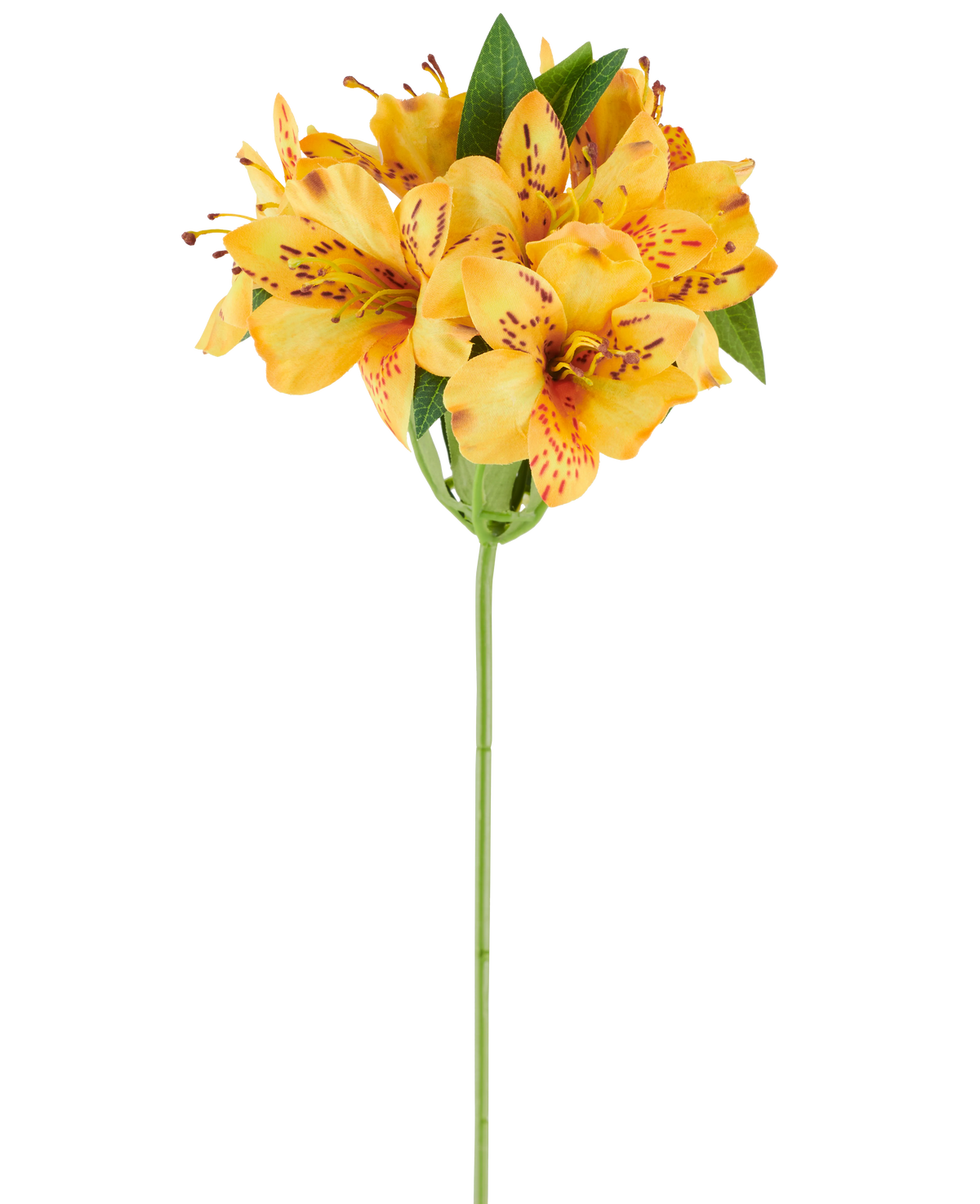 Une fleur artificielle d'Alstroemeria de 47 cm, jaune, avec des pétales tachetés de jaune-orange vif et des feuilles vertes luxuriantes sur une seule tige verte, représentée sur un fond blanc.