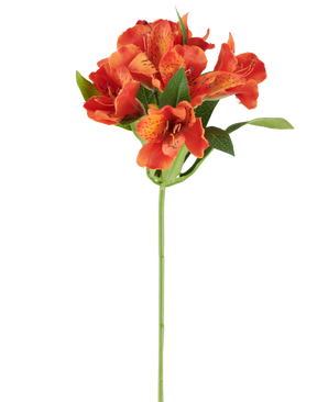Fleur artificielle Alstroemeria, 47 cm, orange avec plusieurs fleurs tachetées et feuilles vertes sur fond blanc.