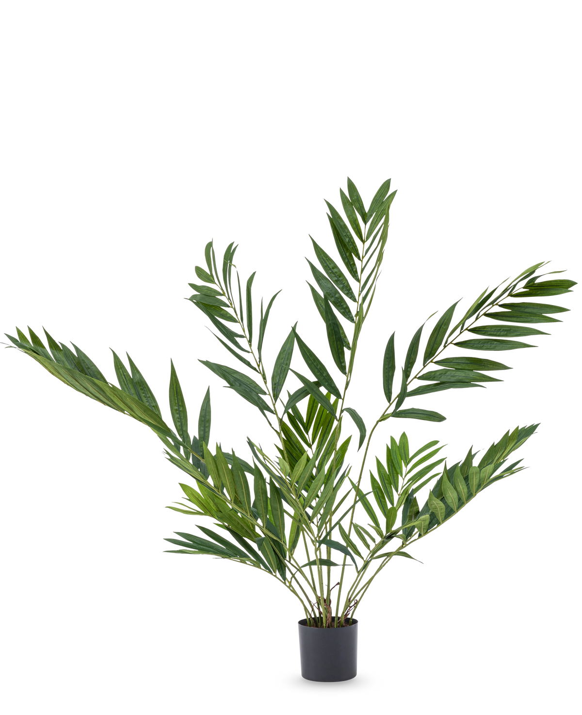 Le palmier artificiel Parlor Deluxe 90 cm est une plante en pot d'intérieur avec de longues feuilles vertes minces sur plusieurs tiges, dans un simple pot noir sur un fond blanc uni.
