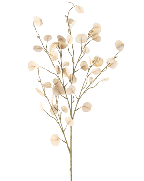 La Fleur Artificielle Eucalyptus 119 cm crème possède des tiges fines avec des feuilles rondes et crème clair sur un fond blanc simple.