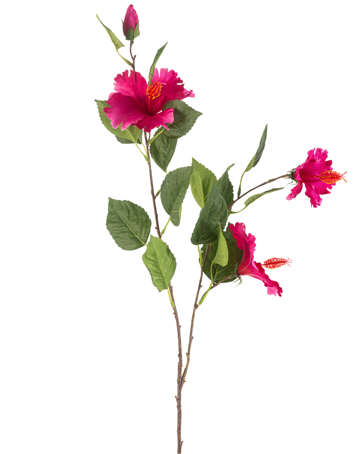 La Fleur Artificielle Hibiscus 89 cm fuchsia possède une branche aux feuilles vertes, plusieurs fleurs d'hibiscus fuchsia vibrantes et un bourgeon fermé, le tout sur un fond blanc.