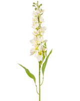 La fleur artificielle pomme asiatique 84 cm crème possède une longue tige avec plusieurs fleurs délicates de couleur crème et de longues feuilles vertes étroites sur un fond blanc uni.
