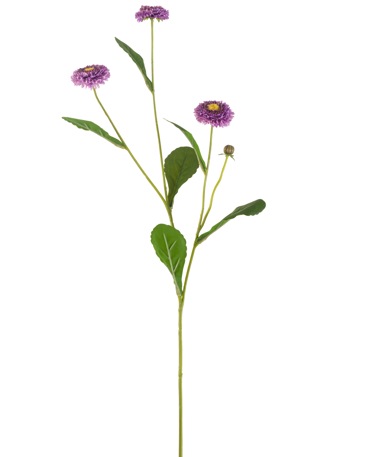 Une grille d'été de fleurs artificielles de 57 cm avec une seule tige verte, trois fleurs violettes ressemblant à des marguerites avec un cœur jaune et un certain nombre de feuilles vertes, représentées sur un fond blanc uni.