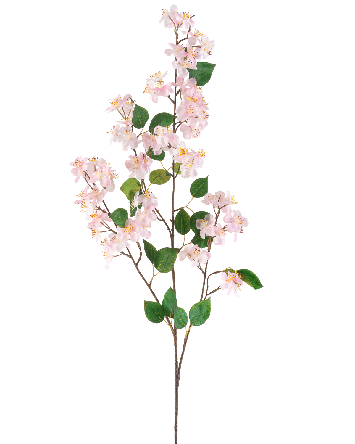 La fleur artificielle Peach Blossom 140 cm rose est une branche artificielle avec des fleurs de pêcher rose clair et des feuilles vertes sur de fines tiges brunes, représentées isolées sur un fond blanc.