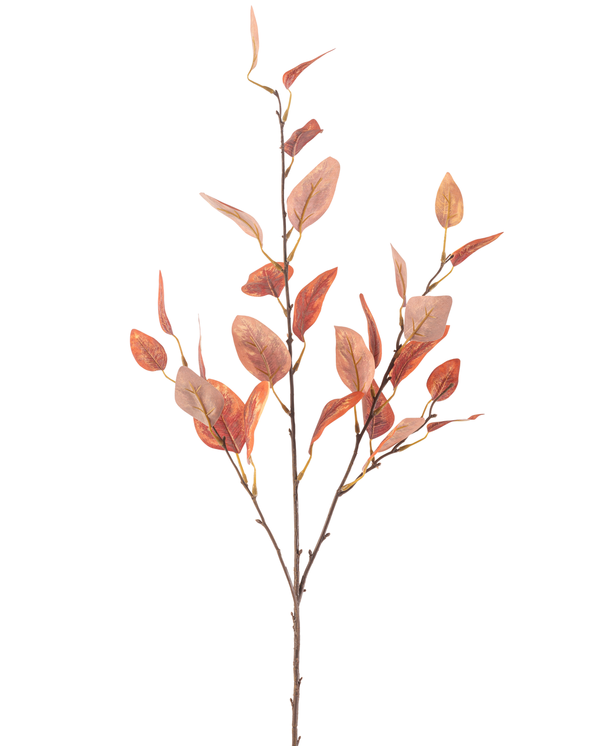 Une seule fleur d'eucalyptus artificielle de 104 cm avec plusieurs tiges fines et des feuilles d'automne ovales rouges, sur un fond blanc uni.