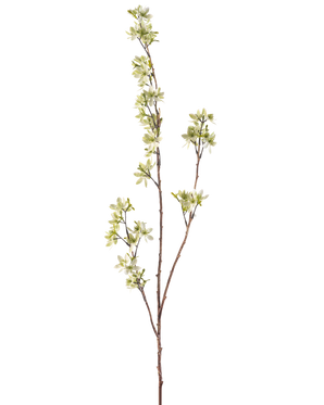 La fleur artificielle Flowers 102 cm verte est une branche unique et mince de couleur marron avec plusieurs ramifications et de petits bouquets de fleurs vert clair et blanches sur un fond blanc uni.