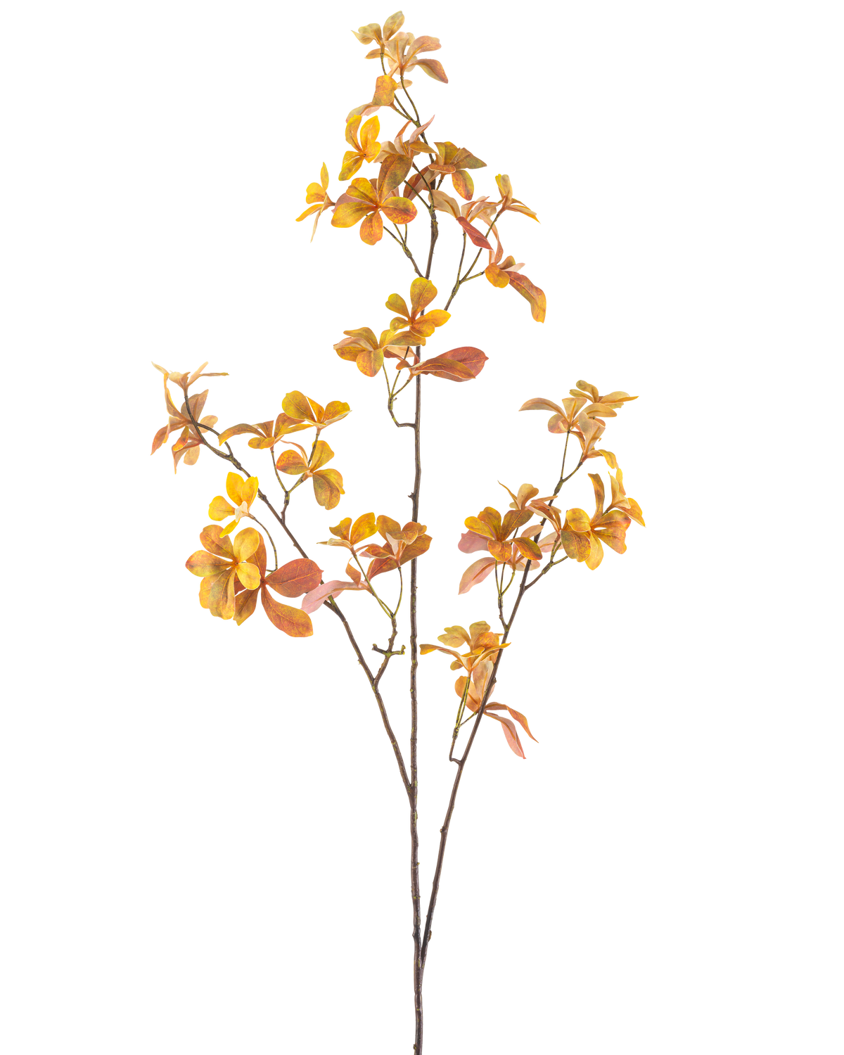 La Branche Artificielle Enkianthus 112 cm jaune est une branche artificielle unique avec de multiples tiges et des feuilles d'automne jaunes, sur un fond blanc uni.