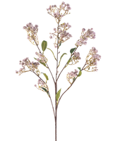 La Fleur Artificielle Baby's Breath 89 cm lilas possède une longue tige avec plusieurs branches, chacune décorée de bouquets de petites fleurs violet clair et de quelques feuilles vertes, sur un fond uni blanc.