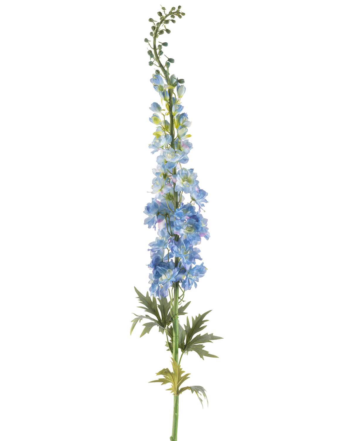 Une seule tige de pied d'alouette artificiel de 137 cm bleu foncé, avec plusieurs fleurs artificielles bleu foncé et des feuilles vertes, disposées le long de la tige supérieure et sur un fond blanc.