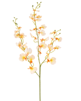 La fleur d'orchidée artificielle 98 cm jaune clair a une longue tige verte avec de multiples branches et de délicates orchidées jaune clair, chacune avec un doux cœur orange et rouge, le tout sur un fond blanc.