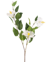 La Fleur Artificielle Hibiscus 89 cm crème possède une branche aux feuilles vertes et trois fleurs d'hibiscus de couleur crème avec des étamines jaunes sur un fond uni blanc.